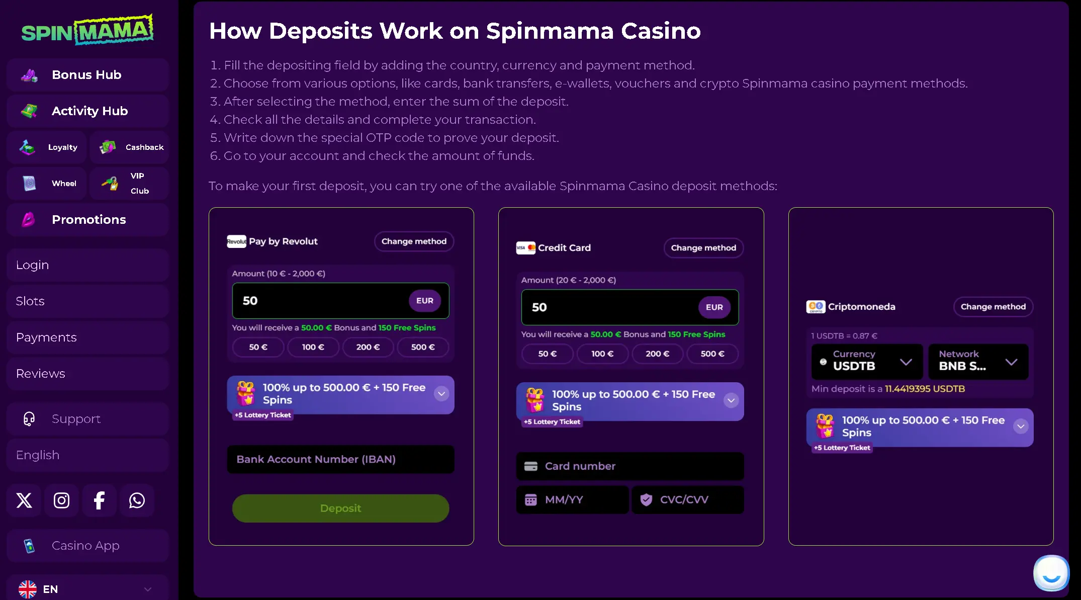 Начини на плащане в Spinmama Casino